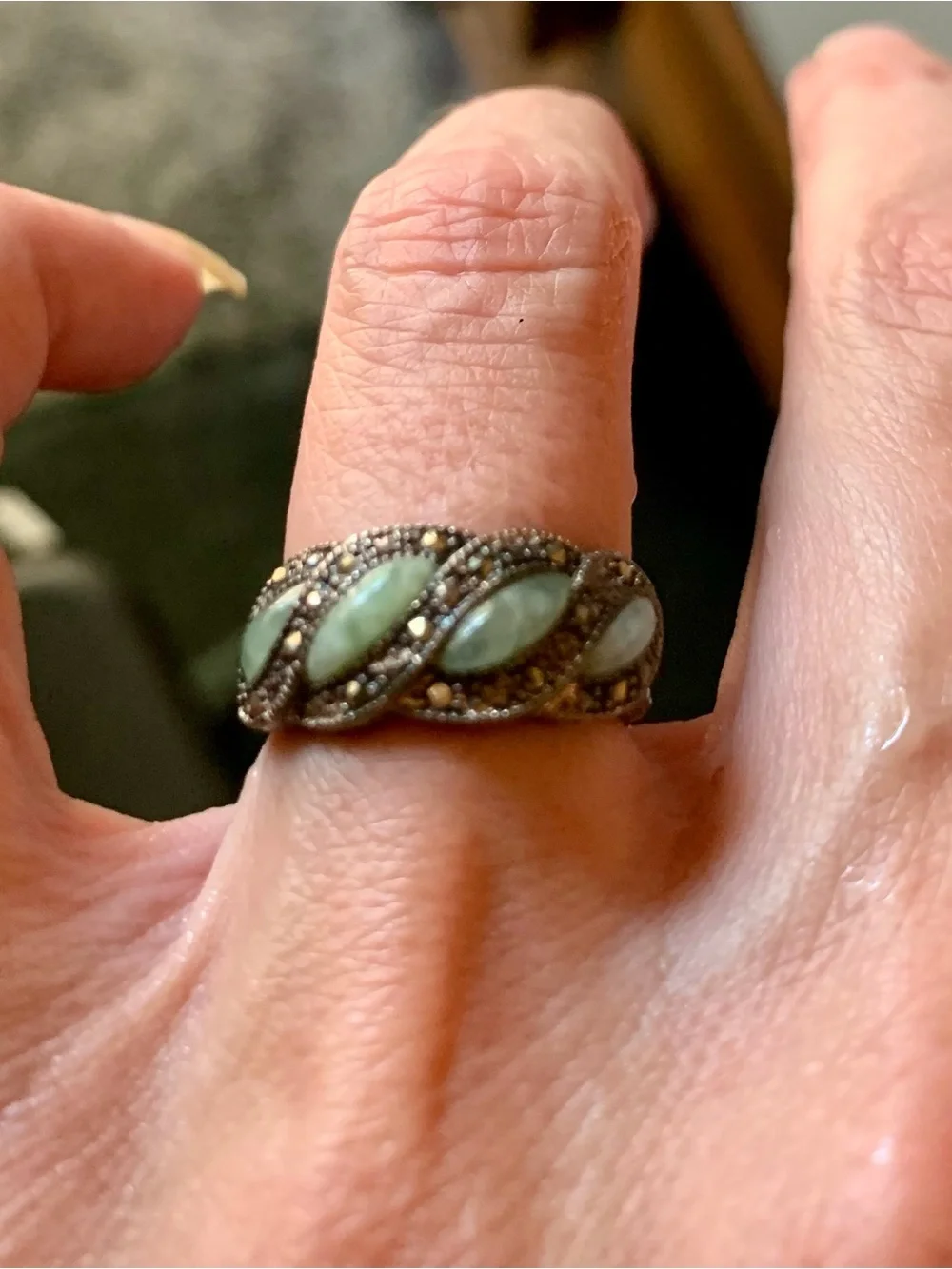 Vintage 925 Sterling Silver Green Jadet Marquise Band Ring #0040